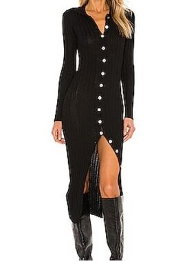 Lovers + Friends Black Ribbed Button-Front Long Sleeve Midi Dress